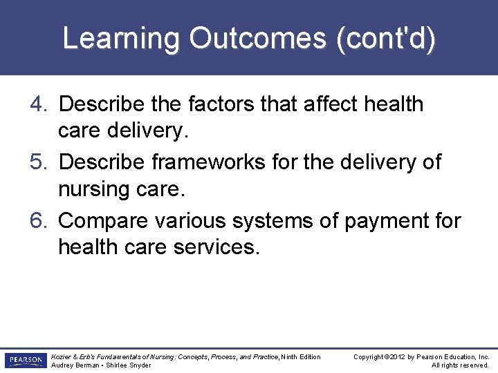 Learning Outcomes (cont'd) 4. Describe the factors that affect health care delivery. 5. Describe