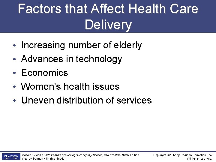 Factors that Affect Health Care Delivery • • • Increasing number of elderly Advances