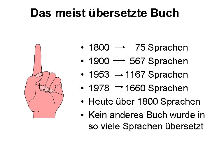 Das meist übersetzte Buch • • • 1800 75 Sprachen 1900 567 Sprachen 1953