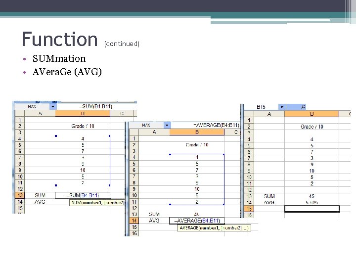 Function • SUMmation • AVera. Ge (AVG) (continued) 