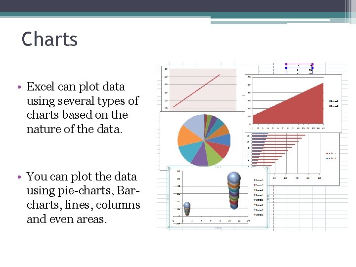 Charts • Excel can plot data using several types of charts based on the