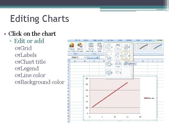 Editing Charts • Click on the chart ▫ Edit or add Grid Labels Chart