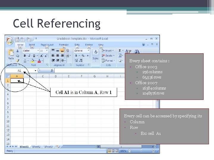 Cell Referencing Every sheet contains : • Office 2003 ▫ ▫ 256 columns 65,