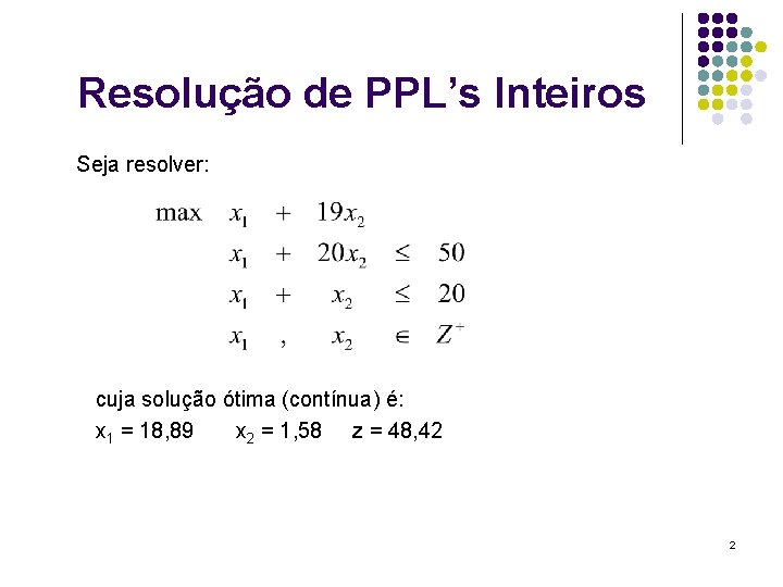 Resolução de PPL’s Inteiros Seja resolver: cuja solução ótima (contínua) é: x 1 =