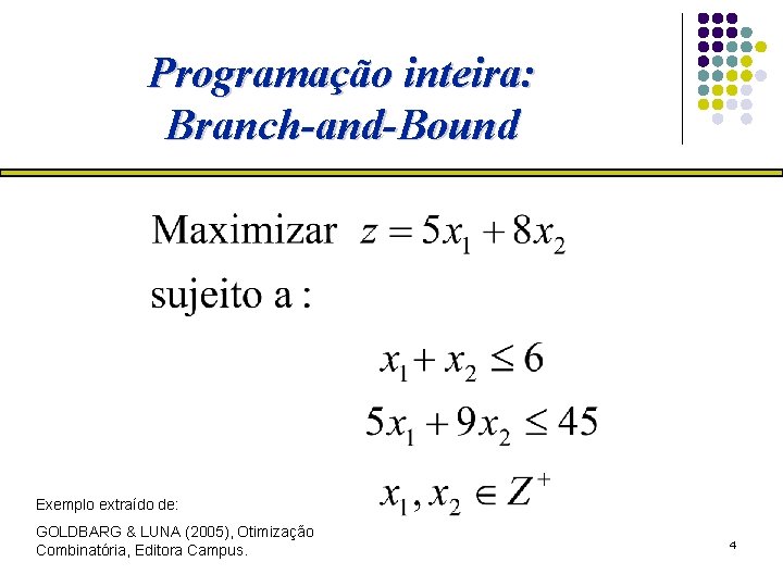 Programação inteira: Branch-and-Bound Exemplo extraído de: GOLDBARG & LUNA (2005), Otimização Combinatória, Editora Campus.