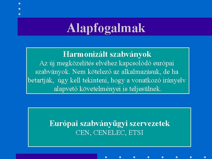 Alapfogalmak Harmonizált szabványok Az új megközelítés elvéhez kapcsolódó európai szabványok. Nem kötelező az alkalmazásuk,