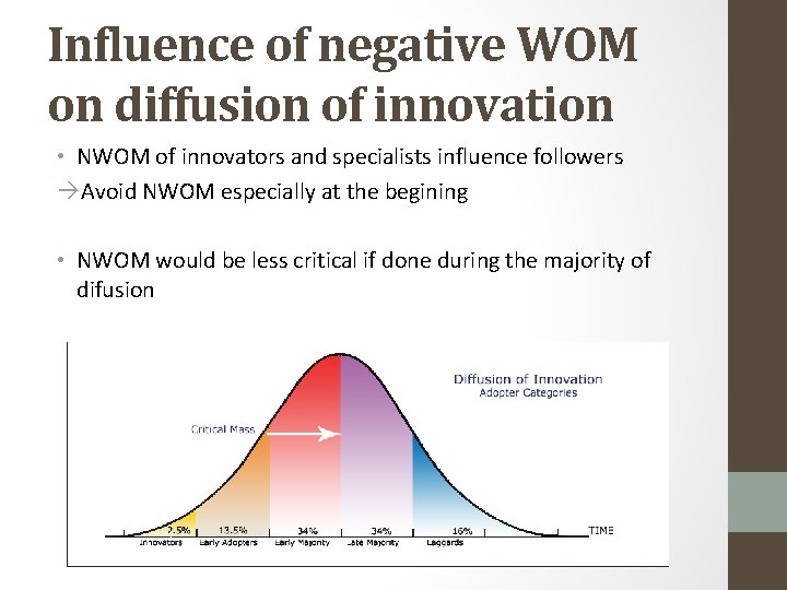 Influence of negative WOM on diffusion of innovation • NWOM of innovators and specialists