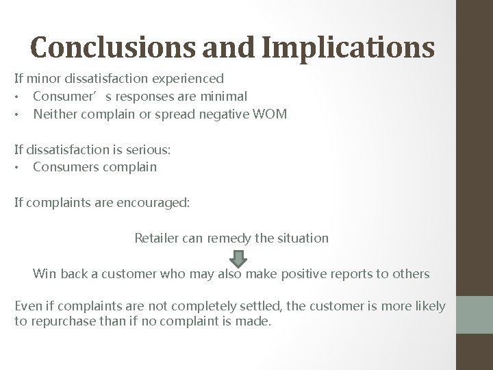 Conclusions and Implications If minor dissatisfaction experienced • Consumer’s responses are minimal • Neither