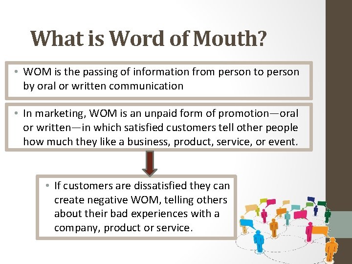 What is Word of Mouth? • WOM is the passing of information from person