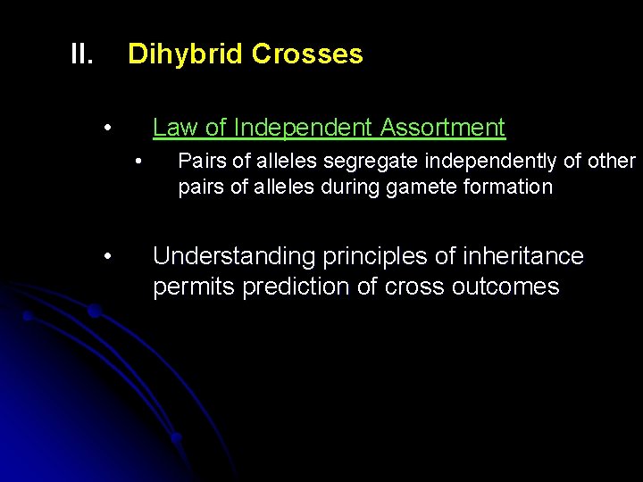 II. Dihybrid Crosses • Law of Independent Assortment • • Pairs of alleles segregate