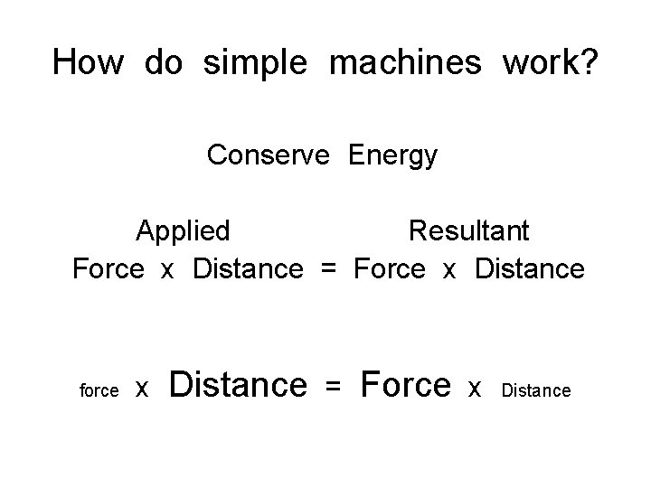 How do simple machines work? Conserve Energy Applied Resultant Force x Distance = Force