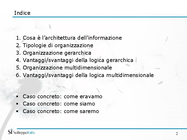 Indice 1. 2. 3. 4. 5. 6. Cosa è l’architettura dell’informazione Tipologie di organizzazione