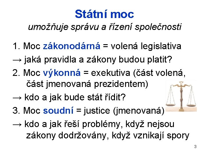 Státní moc umožňuje správu a řízení společnosti 1. Moc zákonodárná = volená legislativa →