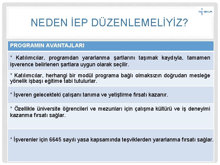 NEDEN İEP DÜZENLEMELİYİZ? PROGRAMIN AVANTAJLARI * Katılımcılar, programdan yararlanma şartlarını taşımak kaydıyla, tamamen işverence