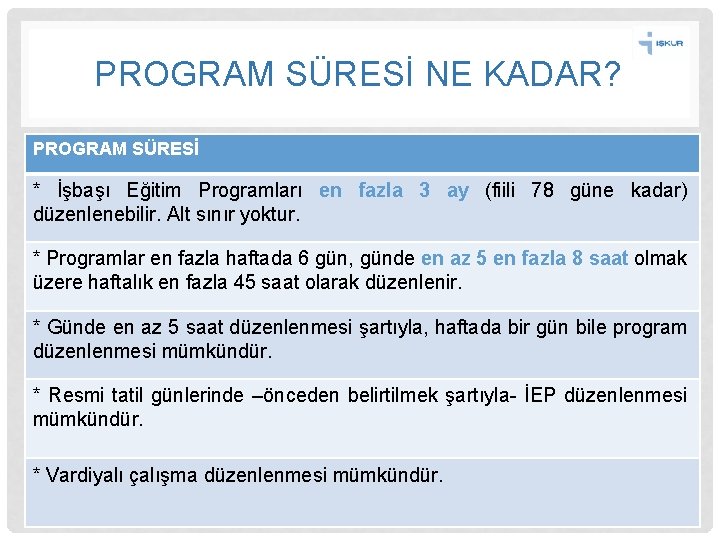 PROGRAM SÜRESİ NE KADAR? PROGRAM SÜRESİ * İşbaşı Eğitim Programları en fazla 3 ay