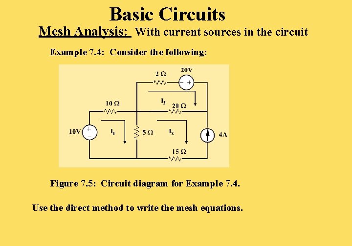 Basic Circuits Mesh Analysis: With current sources in the circuit Example 7. 4: Consider