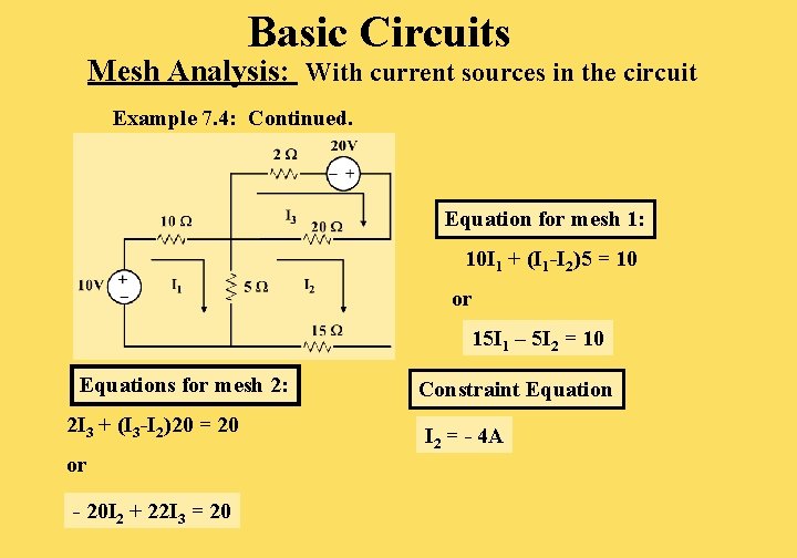 Basic Circuits Mesh Analysis: With current sources in the circuit Example 7. 4: Continued.