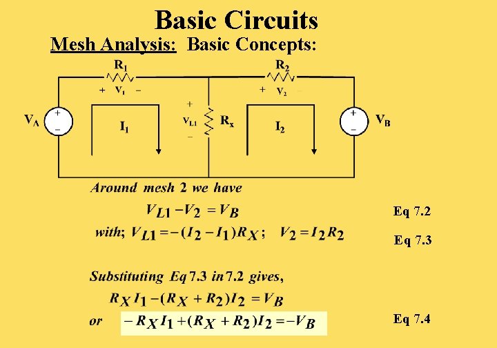 Basic Circuits Mesh Analysis: Basic Concepts: Eq 7. 2 Eq 7. 3 Eq 7. Basic Circuits Mesh Analysis: Basic Concepts: Eq 7. 2 Eq 7. 3 Eq 7.