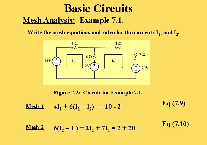 Basic Circuits Mesh Analysis: Example 7. 1. Write the mesh equations and solve for