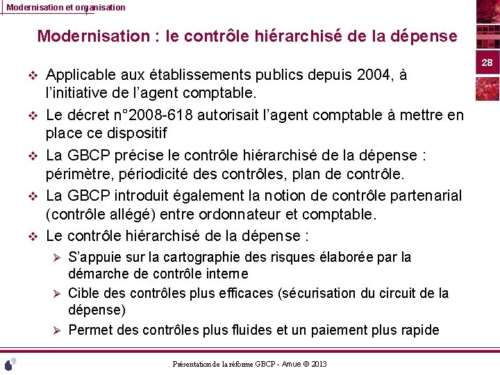 Modernisation et organisation Modernisation : le contrôle hiérarchisé de la dépense v v v