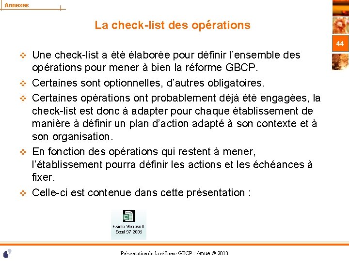 Annexes La check-list des opérations 44 v v v Une check-list a été élaborée