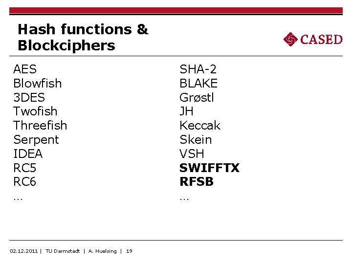 Hash functions & Blockciphers AES Blowfish 3 DES Twofish Threefish Serpent IDEA RC 5