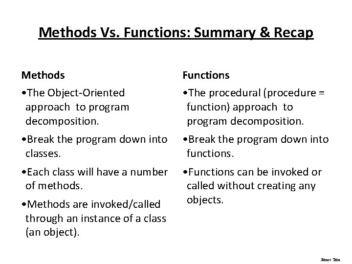 Methods Vs. Functions: Summary & Recap Methods Functions • The Object-Oriented approach to program