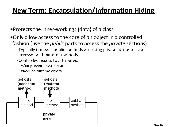 New Term: Encapsulation/Information Hiding • Protects the inner-workings (data) of a class. • Only