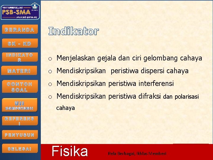 Indikator o Menjelaskan gejala dan ciri gelombang cahaya o Mendiskripsikan peristiwa dispersi cahaya o