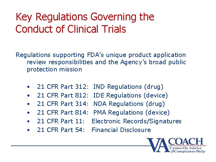 Key Regulations Governing the Conduct of Clinical Trials Regulations supporting FDA’s unique product application
