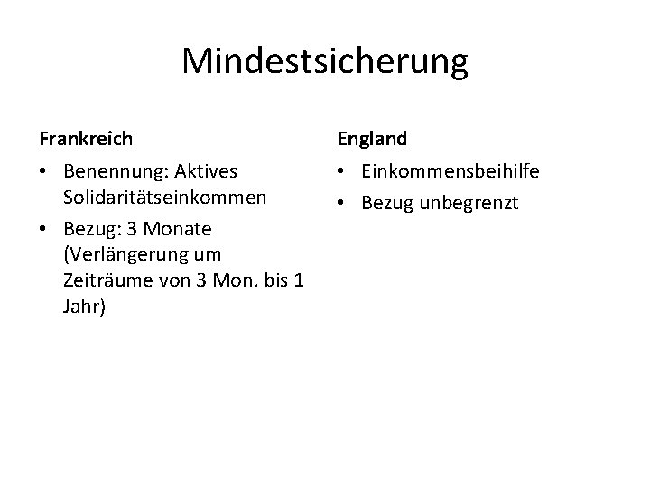 Mindestsicherung Frankreich England • Benennung: Aktives Solidaritätseinkommen • Bezug: 3 Monate (Verlängerung um Zeiträume