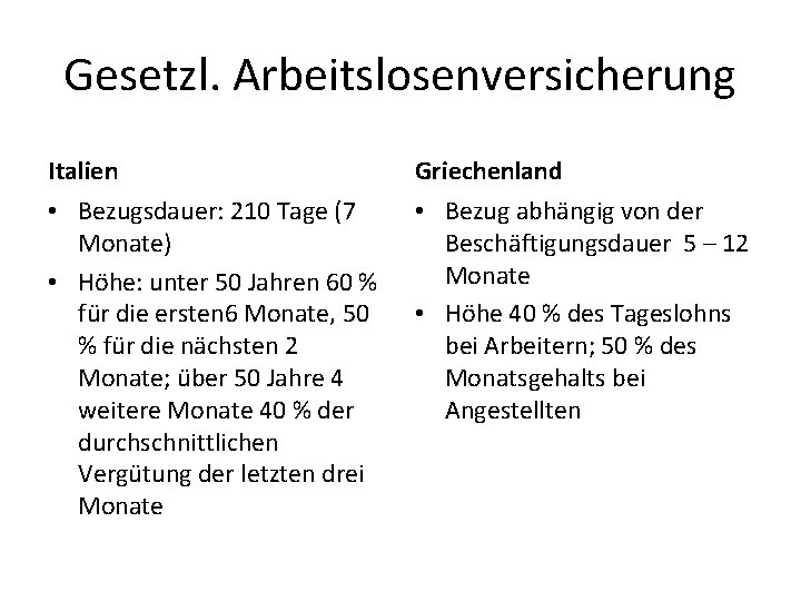 Gesetzl. Arbeitslosenversicherung Italien Griechenland • Bezugsdauer: 210 Tage (7 Monate) • Höhe: unter 50