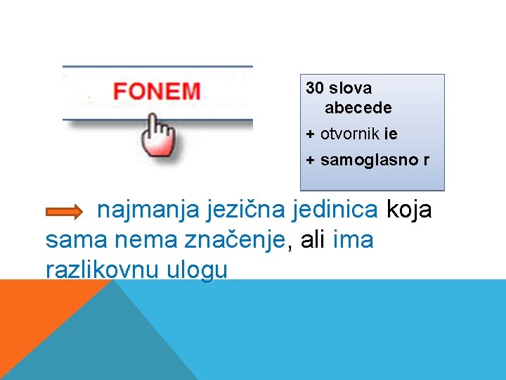 30 slova abecede + otvornik ie + samoglasno r najmanja jezična jedinica koja sama