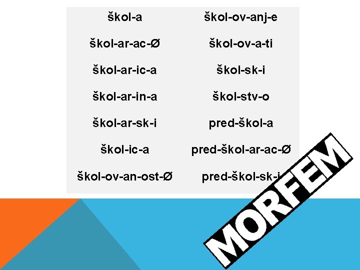 škol-a škol-ov-anj-e škol-ar-ac-Ø škol-ov-a-ti škol-ar-ic-a škol-sk-i škol-ar-in-a škol-stv-o škol-ar-sk-i pred-škol-a škol-ic-a pred-škol-ar-ac-Ø škol-ov-an-ost-Ø pred-škol-sk-i