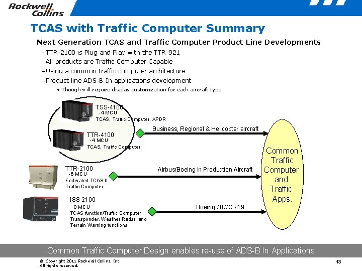 TCAS with Traffic Computer Summary Next Generation TCAS and Traffic Computer Product Line Developments