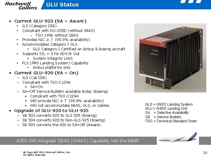 GLU Status • Current GLU-925 (SA = Aware) • • • ILS (Category IIIB)