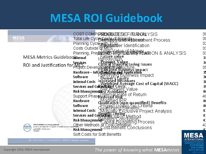 MESA ROI Guidebook COST COMPONENTS COST-BENEFIT ANALYSIS PROJECT DEFINITION Total Life Cycle Costs ofon