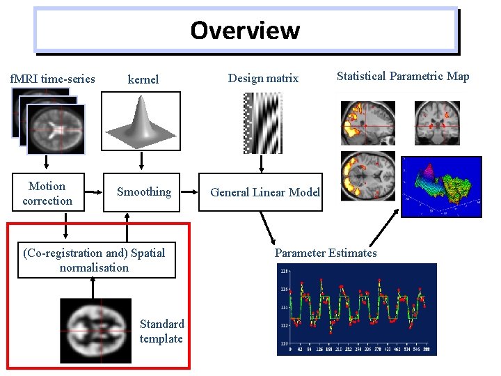 Overview f. MRI time-series Motion correction kernel Design matrix Smoothing General Linear Model (Co-registration