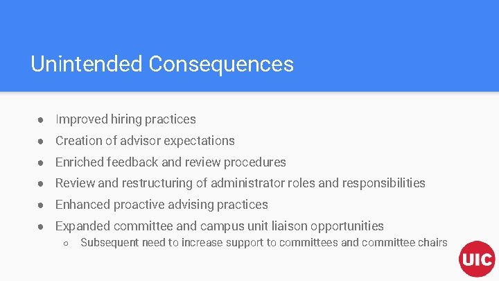 Unintended Consequences ● Improved hiring practices ● Creation of advisor expectations ● Enriched feedback