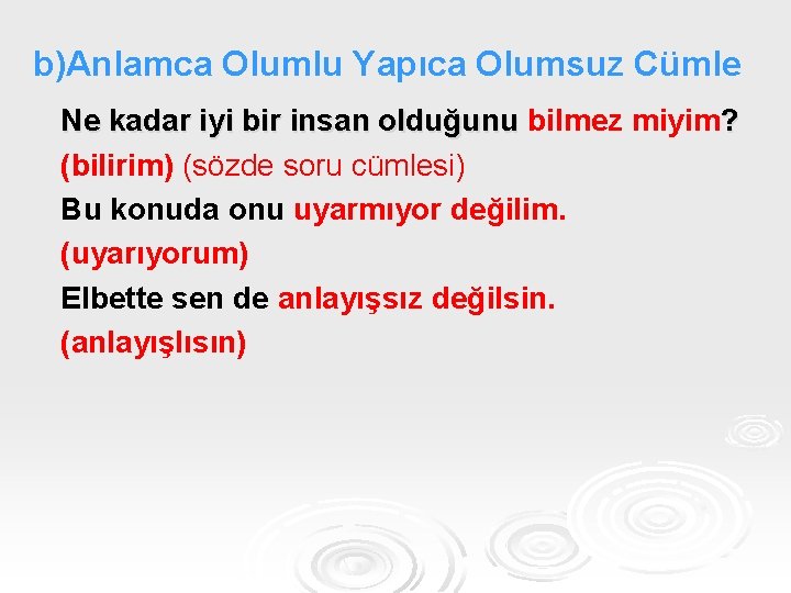 b)Anlamca Olumlu Yapıca Olumsuz Cümle Ne kadar iyi bir insan olduğunu bilmez miyim? (bilirim)