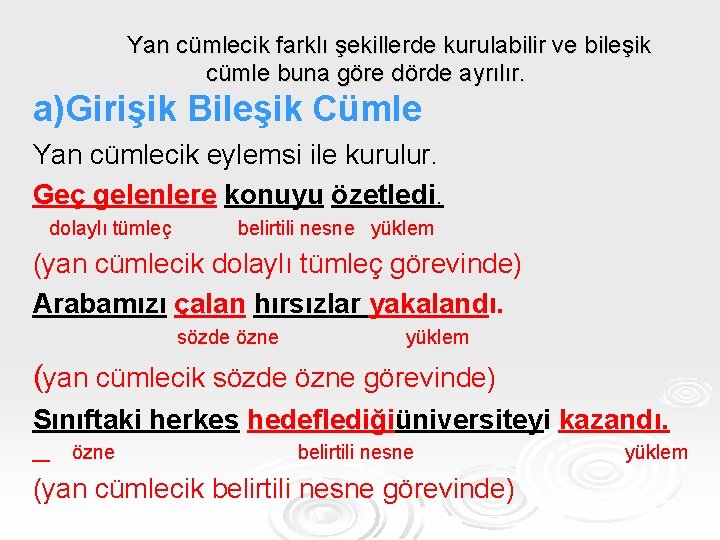 Yan cümlecik farklı şekillerde kurulabilir ve bileşik cümle buna göre dörde ayrılır. a)Girişik Bileşik