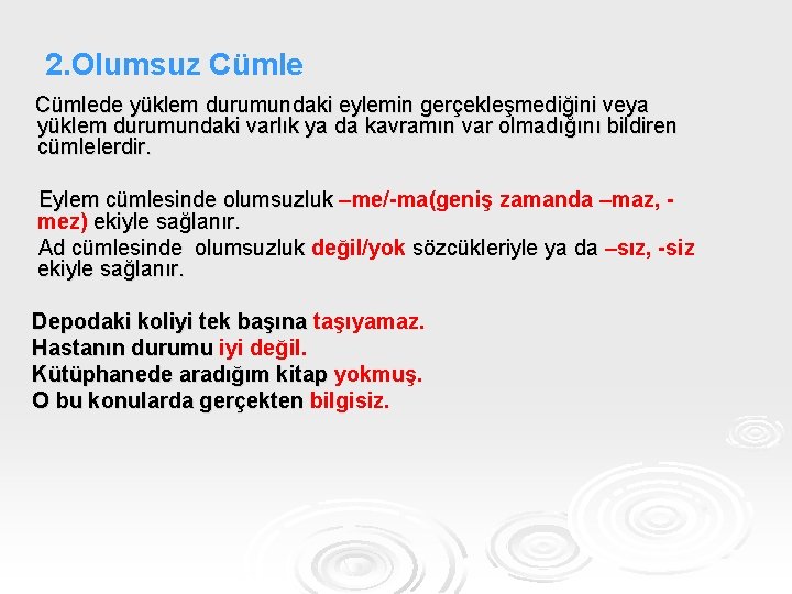 2. Olumsuz Cümlede yüklem durumundaki eylemin gerçekleşmediğini veya yüklem durumundaki varlık ya da kavramın