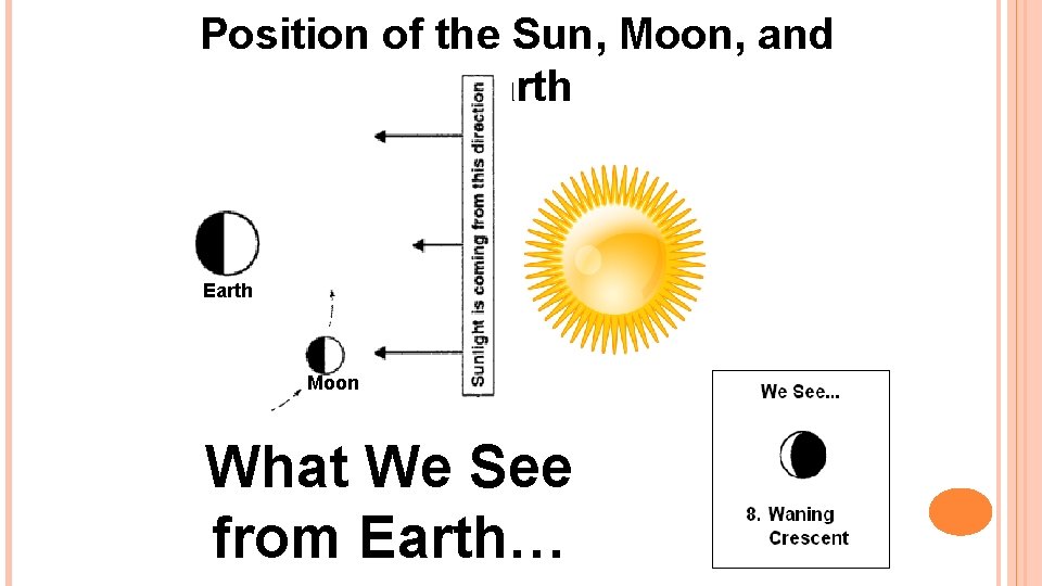 Position of the Sun, Moon, and Earth Moon What We See from Earth… 