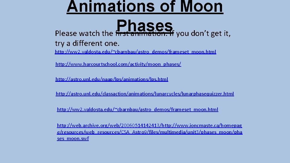 Animations of Moon Phases Please watch the first animation. If you don’t get it,