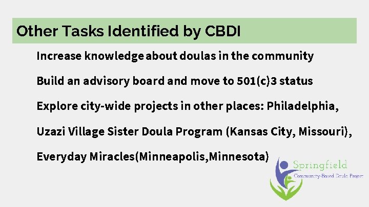 Other Tasks Identified by CBDI Increase knowledge about doulas in the community Build an