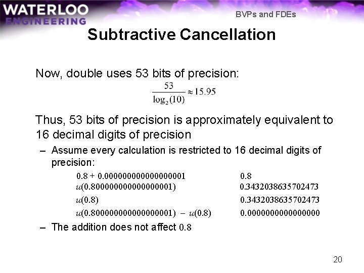 BVPs and FDEs Subtractive Cancellation Now, double uses 53 bits of precision: Thus, 53