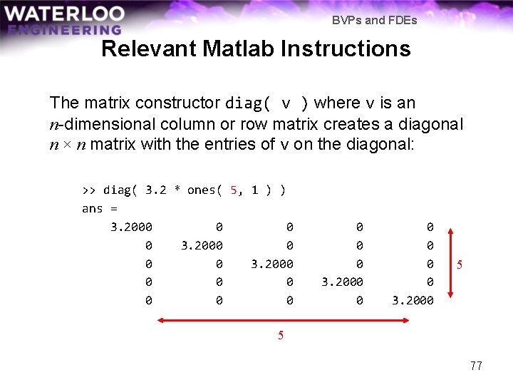 BVPs and FDEs Relevant Matlab Instructions The matrix constructor diag( v ) where v