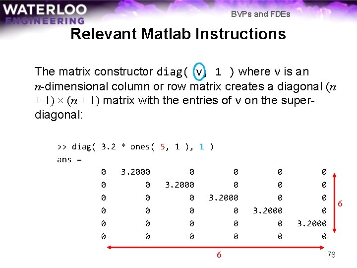 BVPs and FDEs Relevant Matlab Instructions The matrix constructor diag( v, 1 ) where