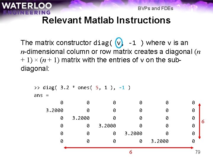 BVPs and FDEs Relevant Matlab Instructions The matrix constructor diag( v, -1 ) where