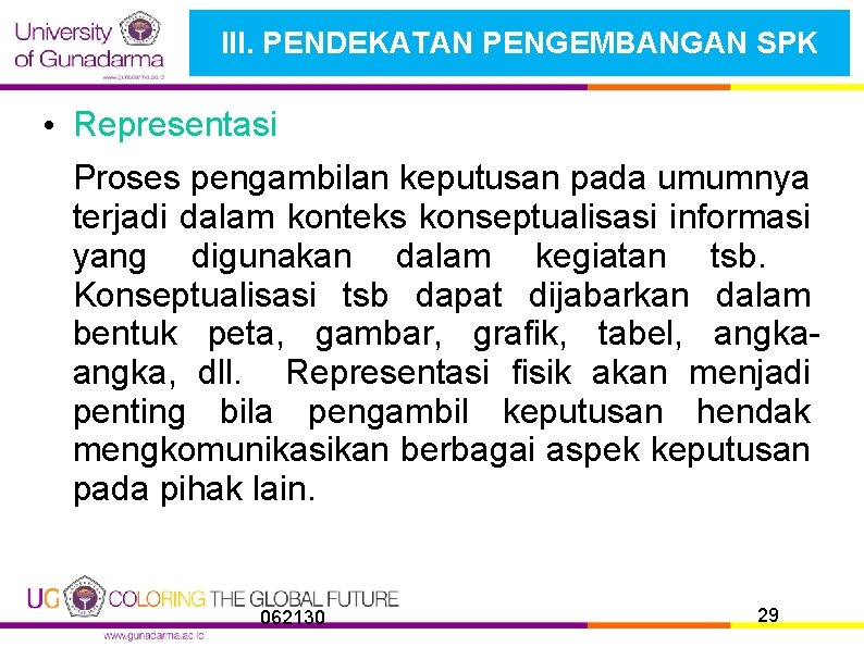 III. PENDEKATAN PENGEMBANGAN SPK • Representasi Proses pengambilan keputusan pada umumnya terjadi dalam konteks